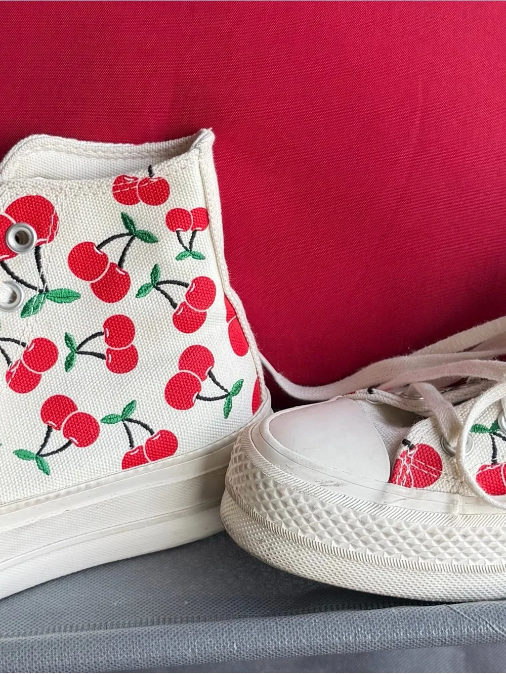 Converse Kids High-Top Canvas Sneakers in Cream with Red Cherry Print
